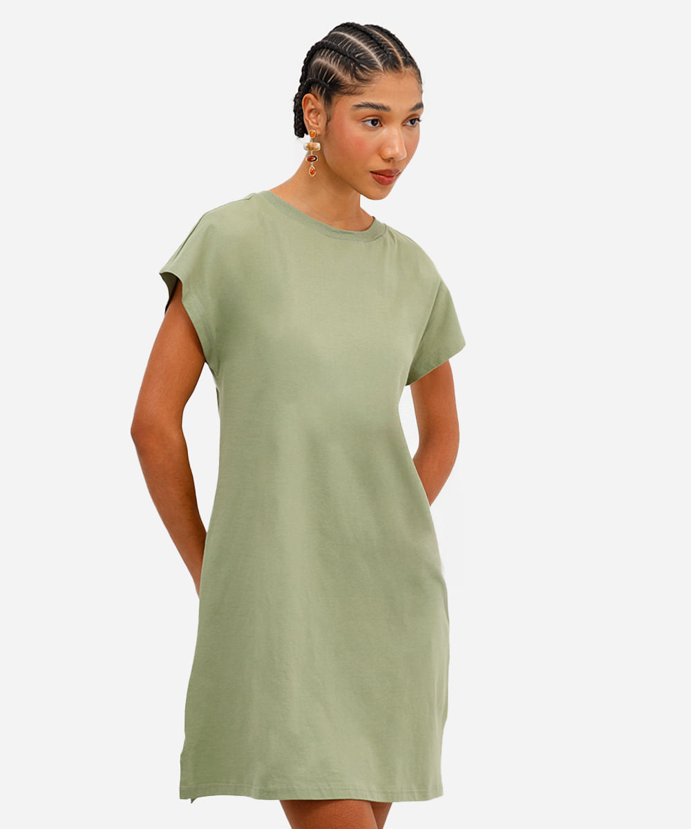 vestido curto básico manga curta areia - verde mate