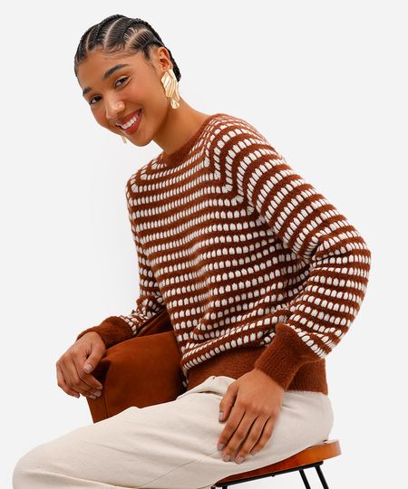suéter feminino de tricot listrado com lurex marrom P