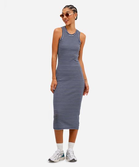 vestido midi feminino básico canelado listrado azul GG