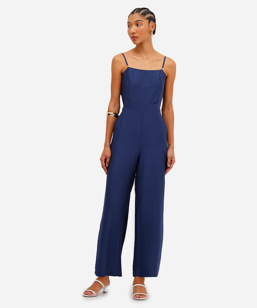 macacão feminino de viscose decote quadrado azul