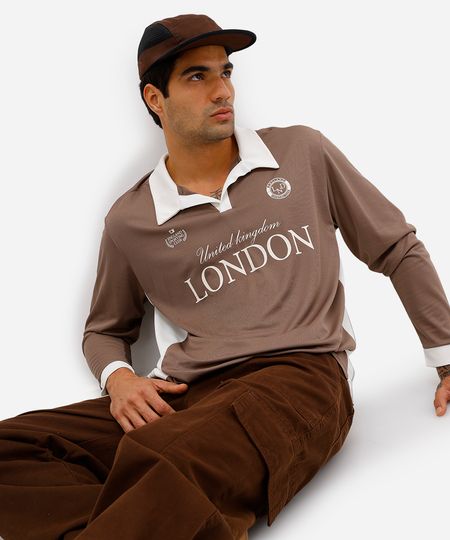 camiseta masculina estampada com recorte e gola bege P