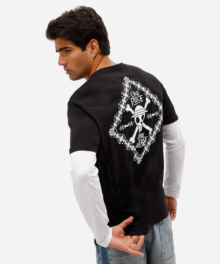 camiseta masculina de algodão manga longa one piece preta M