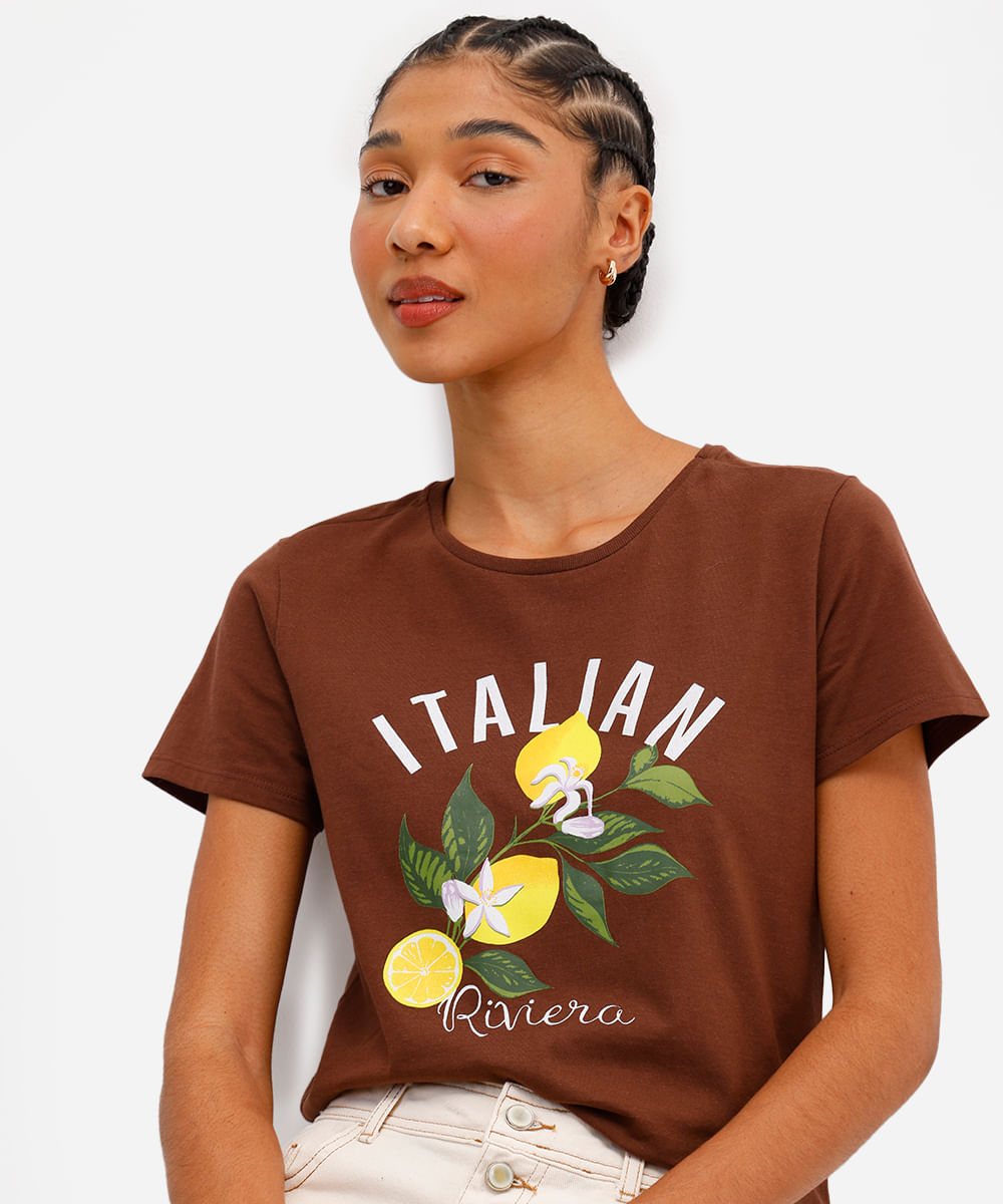 camiseta feminina de algodão italian riviera marrom
