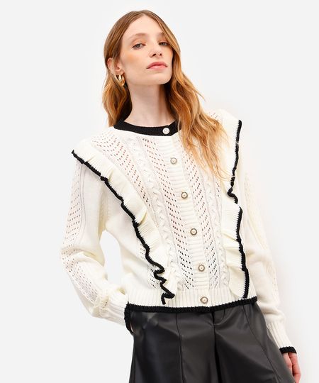 cardigan feminino de tricot com babado off white GG