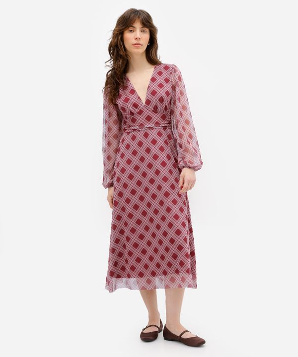 vestido midi feminino de tule xadrez vinho P