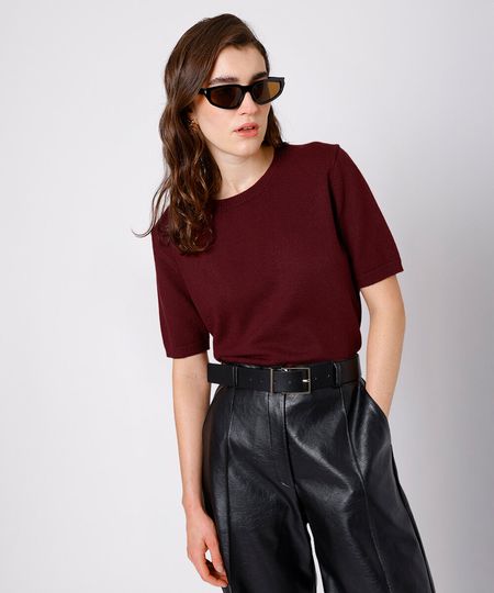 blusa feminina de tricot manga curta mindset vinho PP
