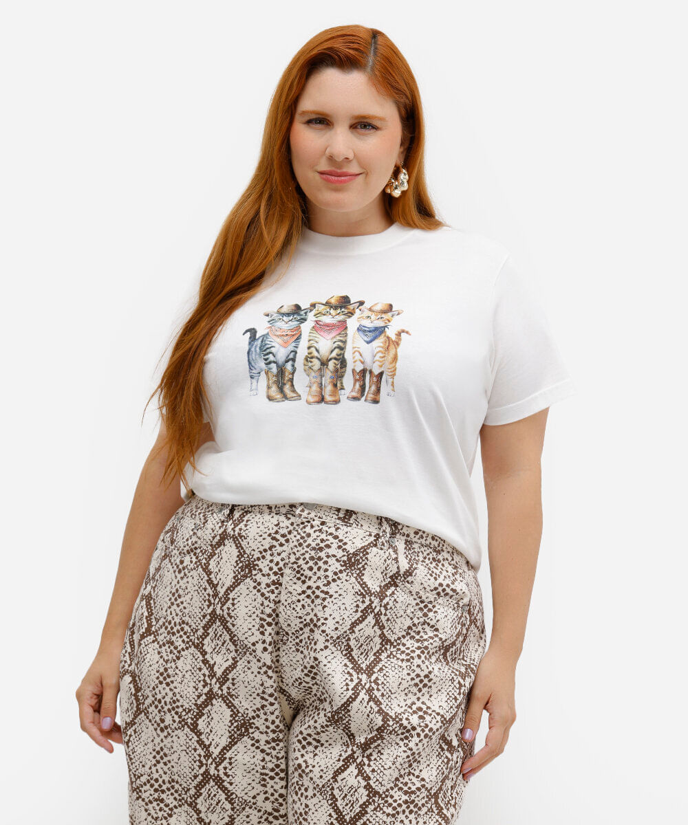 camiseta feminina de algodão gatinhos western mindset plus size off white