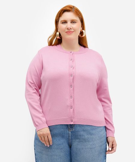 cardigan feminino de tricot plus size mindset rosa GG1