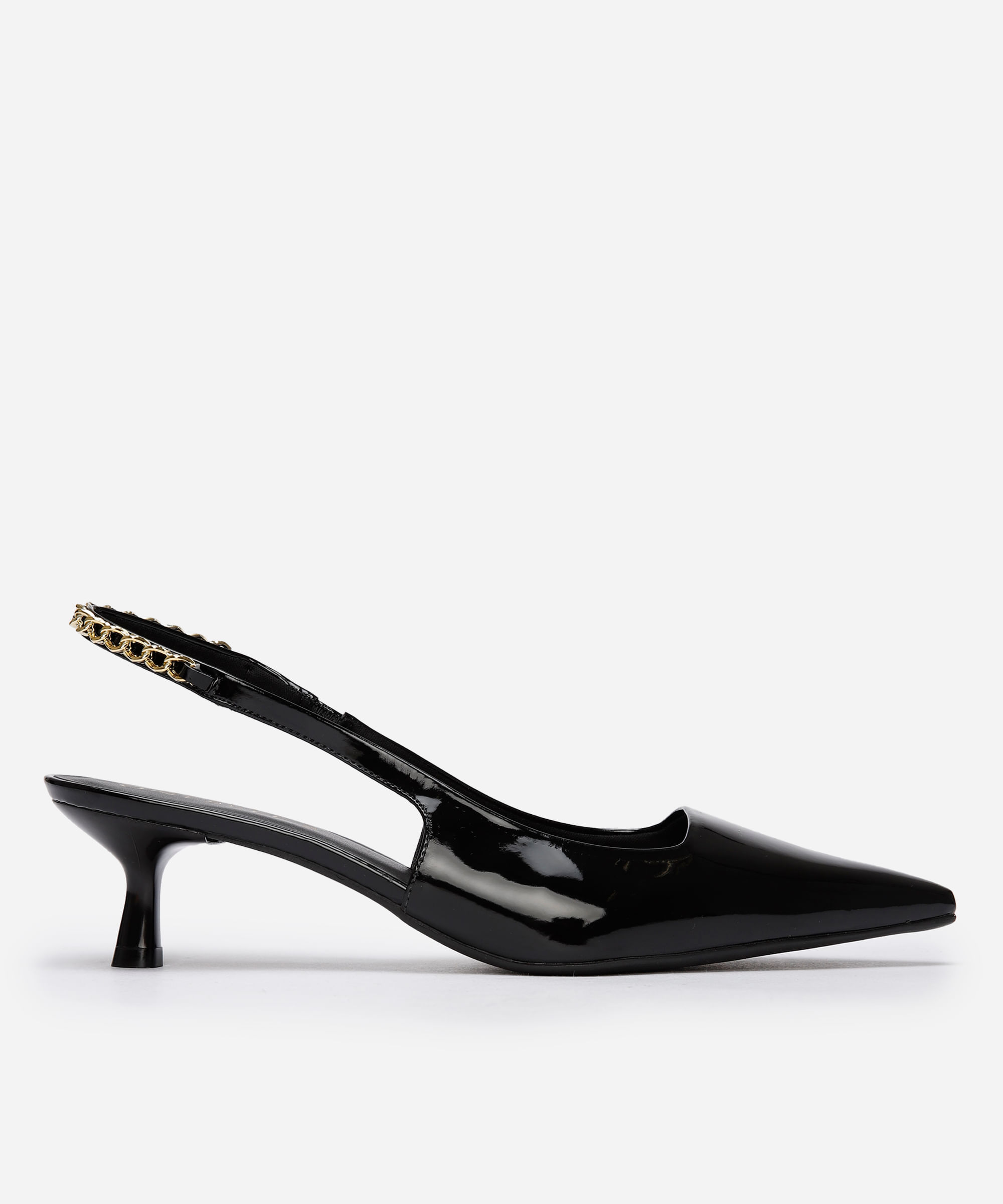scarpin bico fino corrente salto baixo oneself preto
