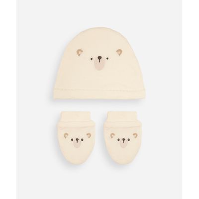 kit bebê touca e luva urso off white