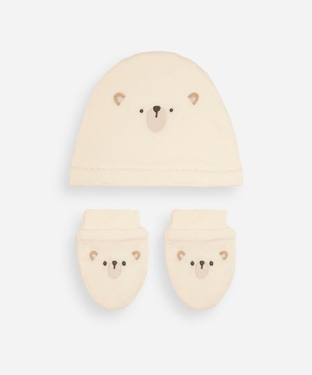 kit bebê touca e luva urso off white UNICO kit bebê touca e luva urso off white UNICO