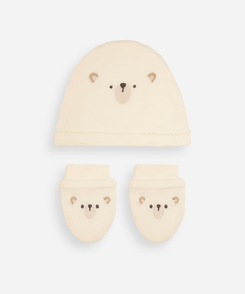 kit bebê touca e luva urso off white
