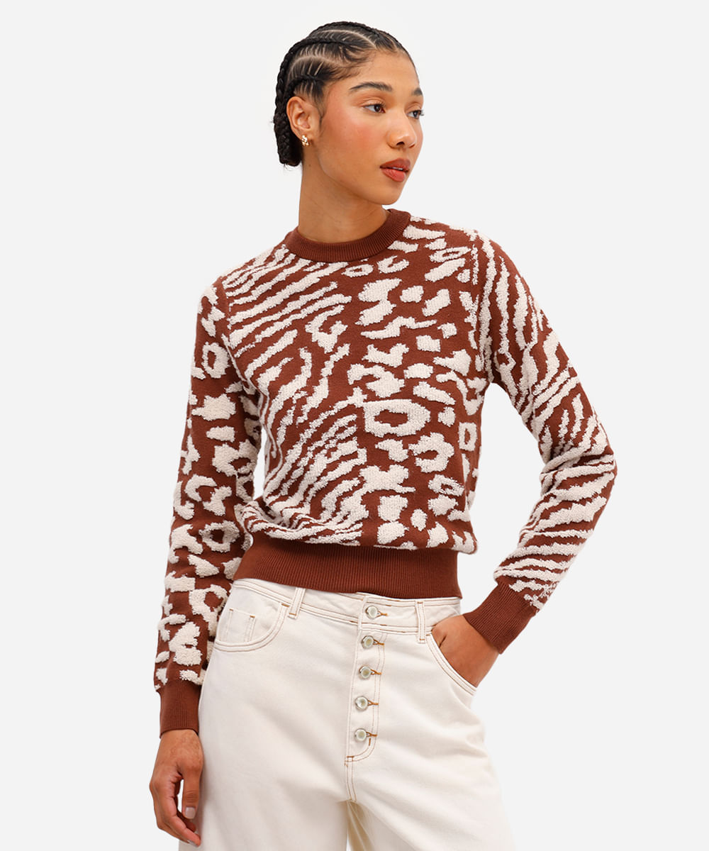 suéter feminino de tricot animal print marrom