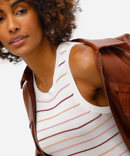 regata feminina de tricot listrada off white PP regata feminina de tricot listrada off white PP