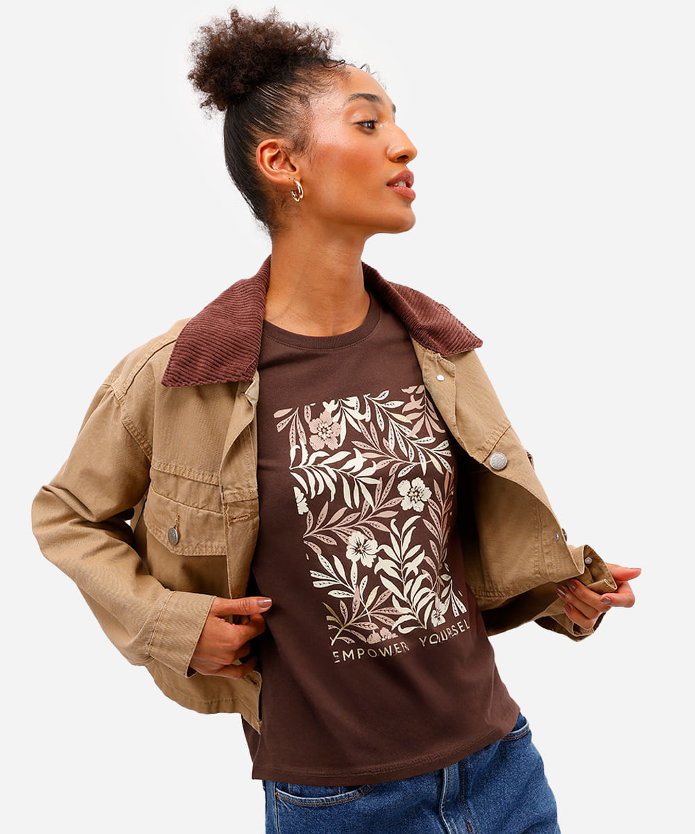 camiseta feminina de algodão estampada floral marrom