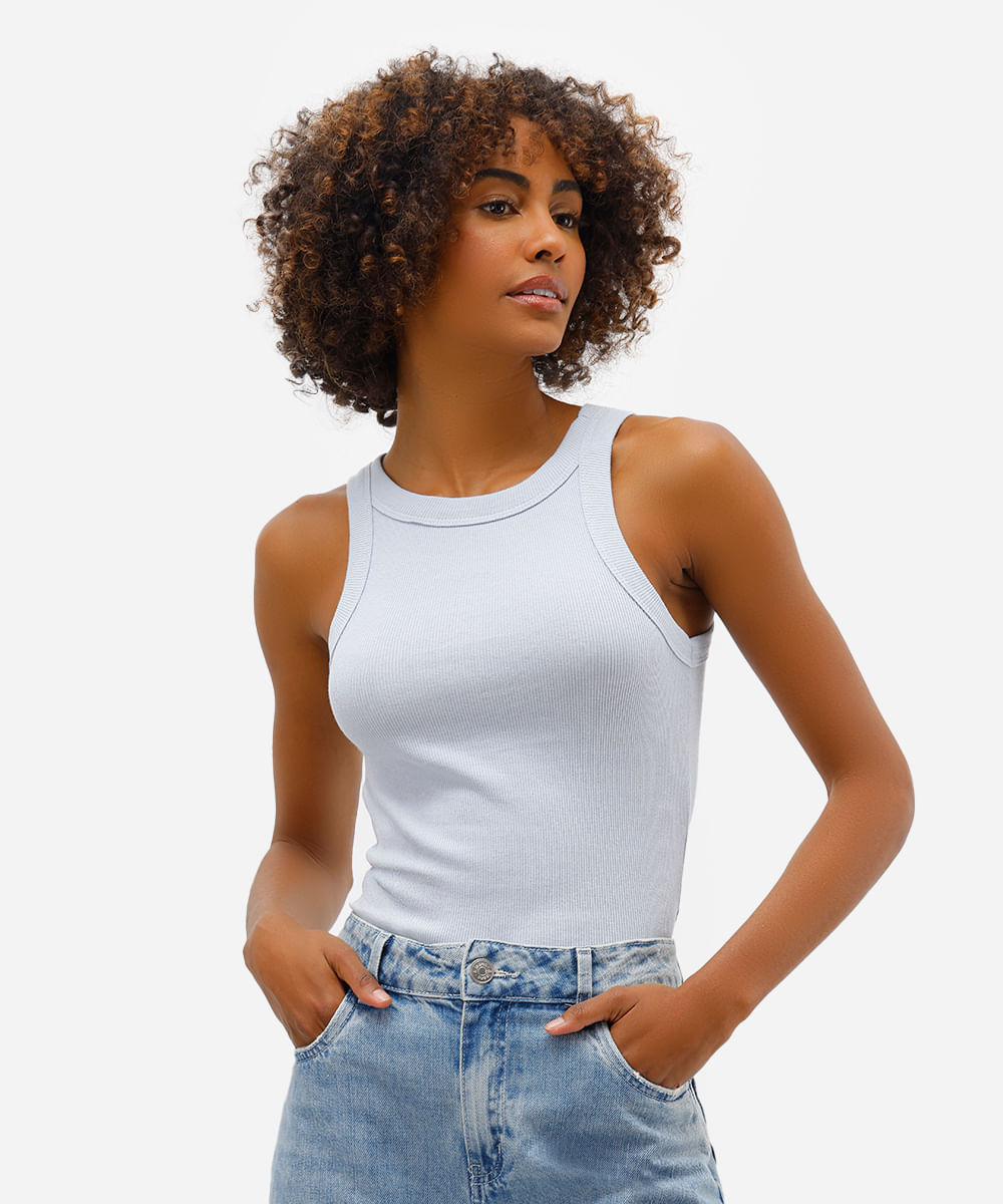 regata feminina de algodão canelada azul