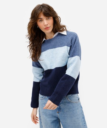 suéter feminino de tricot com lã listrado azul P