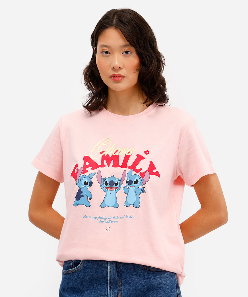 camiseta feminina manga curta stitch - rosa claro