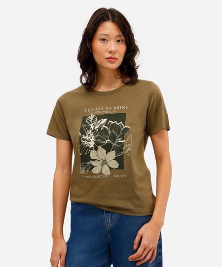 camiseta feminina de algodão floral metalizada verde M