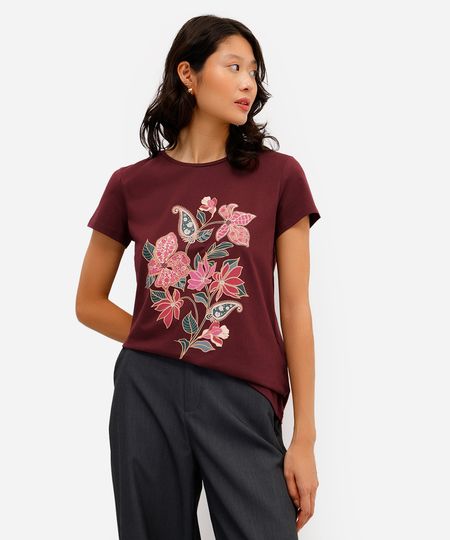 camiseta feminina de algodão floral vinho P camiseta feminina de algodão floral vinho P