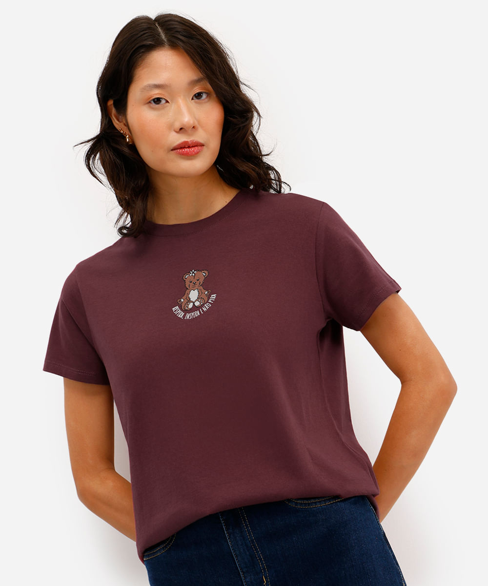 camiseta de algodão urso respira manga curta azul claro - vinho