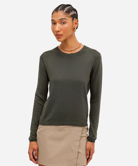 blusa básica feminina de tricot manga longa verde M