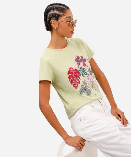 camiseta feminina de algodão floral verde PP