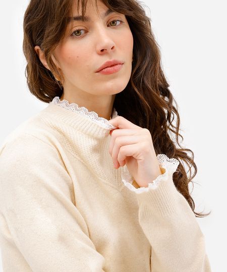 suéter feminino de tricot com renda  - creme M