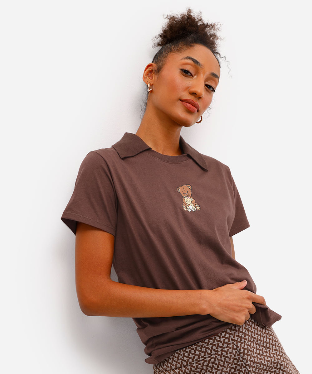 camiseta feminina de algodão ursinhos marrom