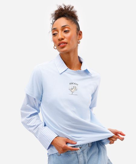 camiseta feminina de algodão estampada azul PP