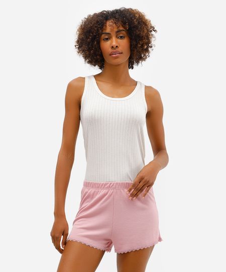 short de pijama canelado com renda rosa PP short de pijama canelado com renda rosa PP