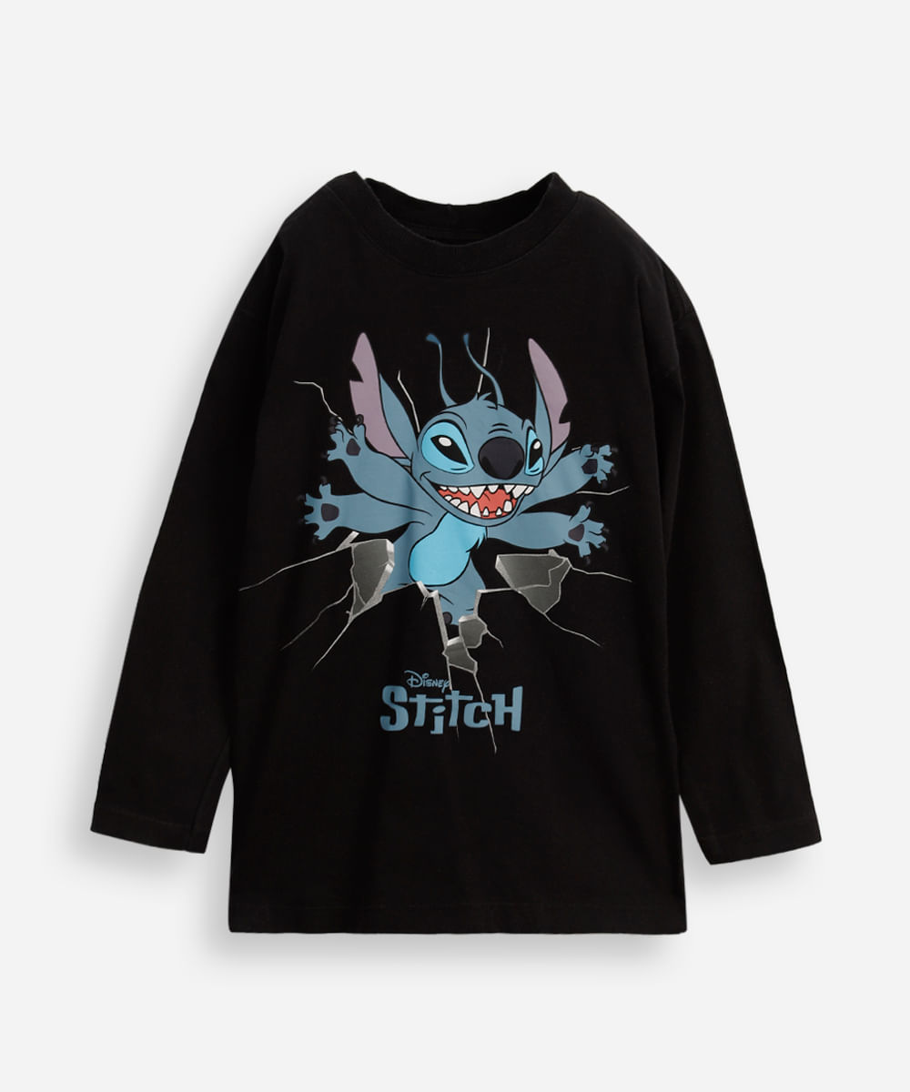 camiseta infantil de algodão stitch preta