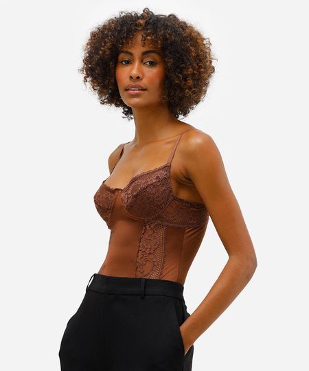 body feminino com renda marrom GG