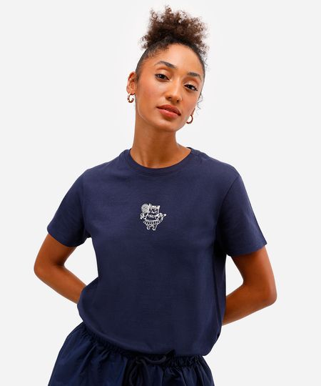 camiseta feminina de algodão gatinha tenista azul P