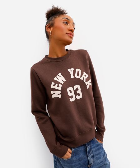 blusão feminino de moletom felpado new york - marrom PP