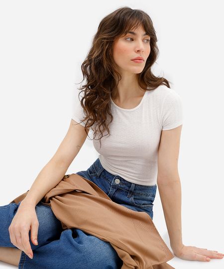 blusa baby look feminina texturizada off white PP