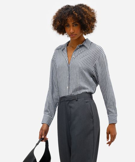 camisa feminina com linho manga longa listrada azul P