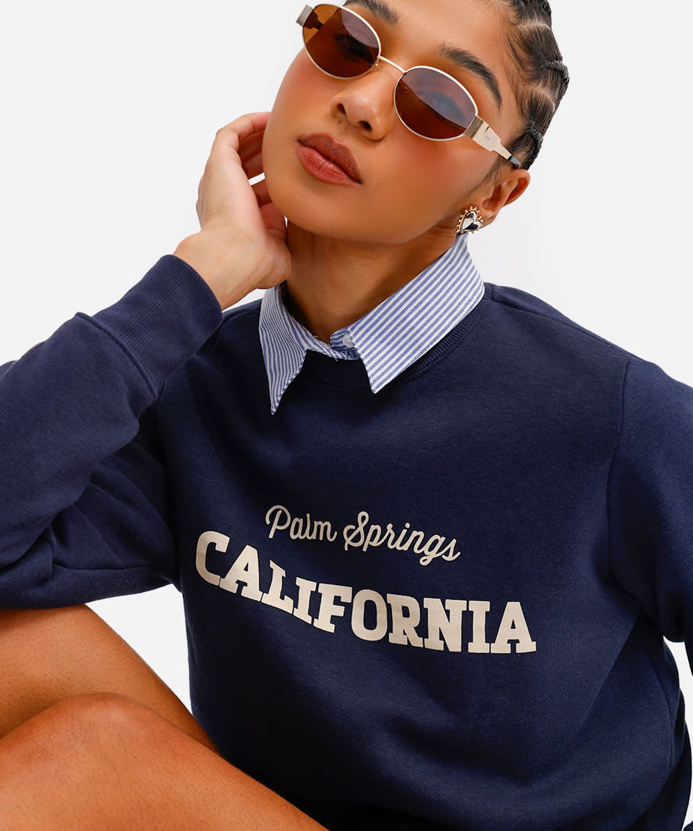 blusão feminino de moletom felpado california azul