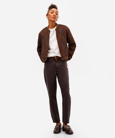 calça mom feminina de sarja cintura alta marrom 36