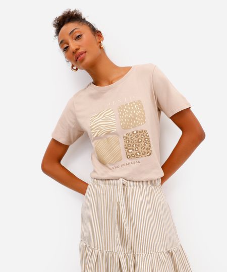 camiseta feminina de algodão animal print bege PP