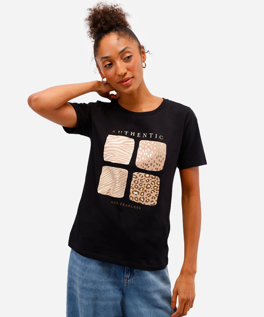 camiseta feminina de algodão animal print preta