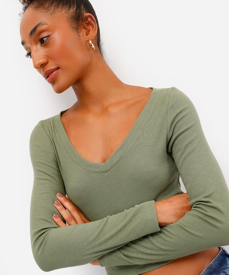 blusa básica decote v manga longa preto - verde mate P blusa básica decote v manga longa preto - verde mate P