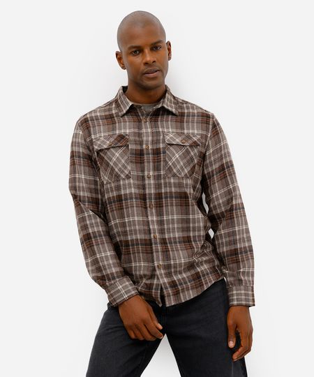 camisa masculina manga longa com bolsos xadrez marrom G camisa masculina manga longa com bolsos xadrez marrom G