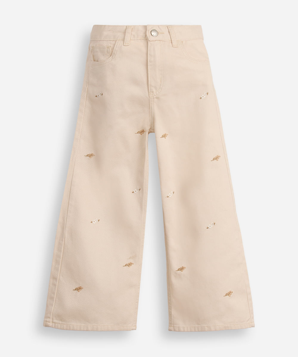 calça wide leg infantil bordada floral bege