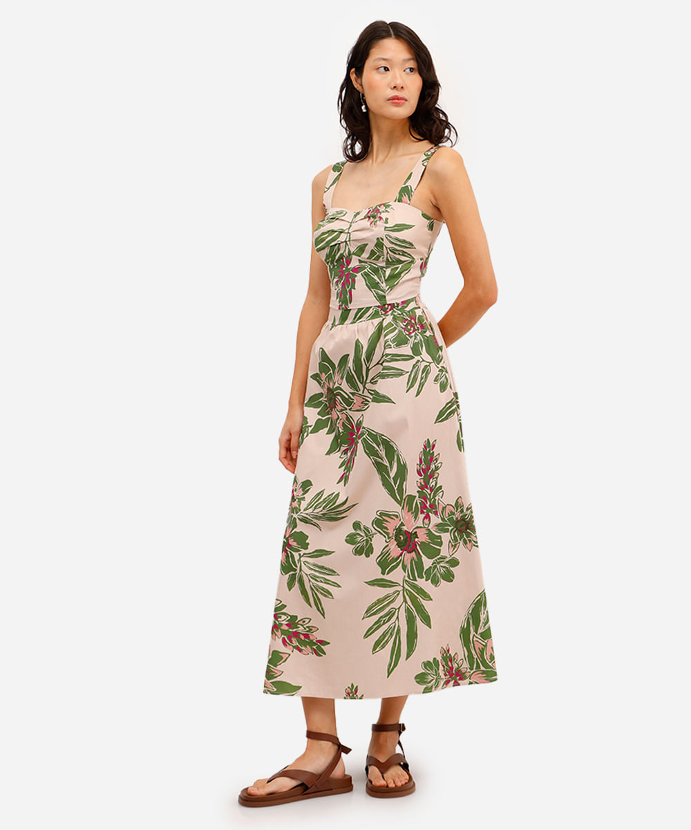 saia midi feminina godê de algodão floral bege
