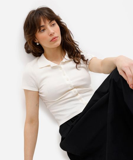camisa feminina de algodão manga curta canelada off white PP