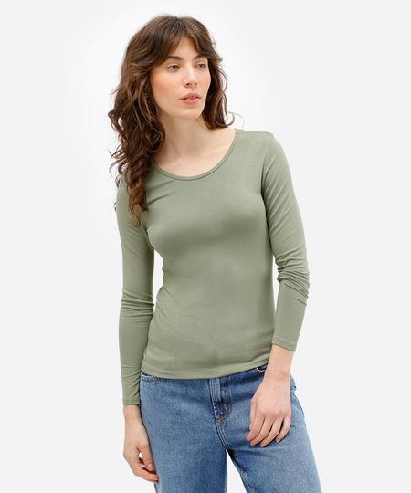 blusa feminina básica manga longa decote redondo verde M blusa feminina básica manga longa decote redondo verde M