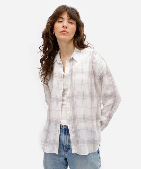 camisa feminina de viscose manga longa xadrez off white M camisa feminina de viscose manga longa xadrez off white M