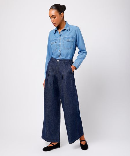 calça feminina de alfaiataria jeans com pregas mindset azul 34
