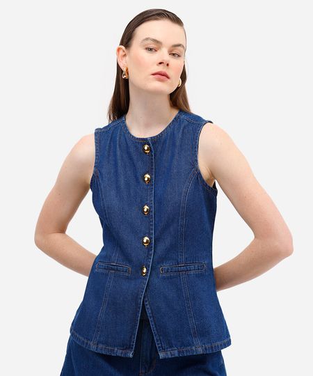 colete feminino jeans acinturado azul PP